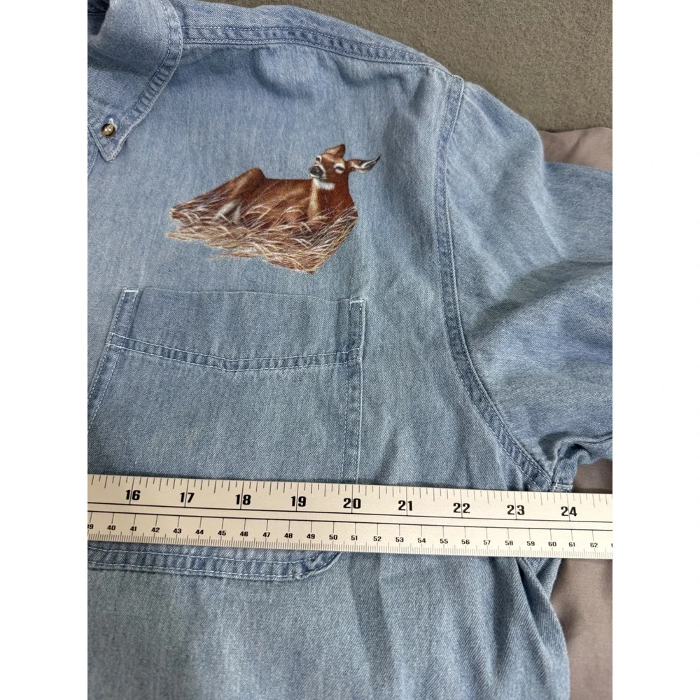 Mens Vintage Deer Graphic Denim Shirt Short Sleeve Light Wash Large hunter fade - Picture 3 of 10